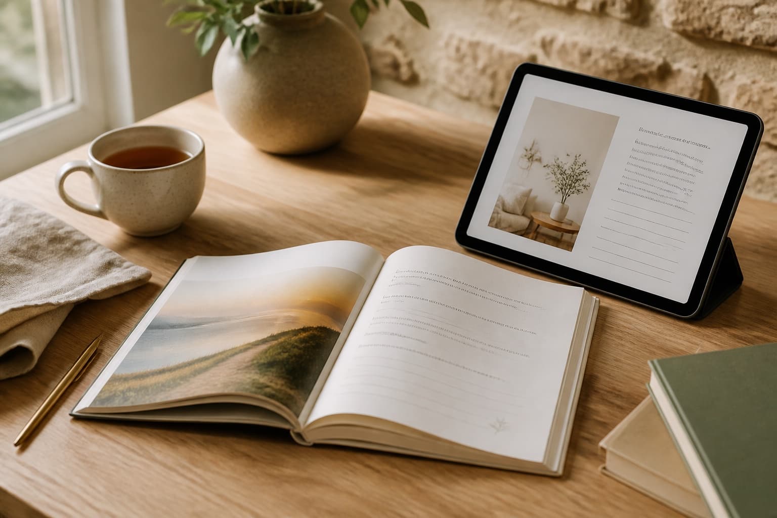Ghid tipărit și tabletă pe birou — format digital, gata de citit